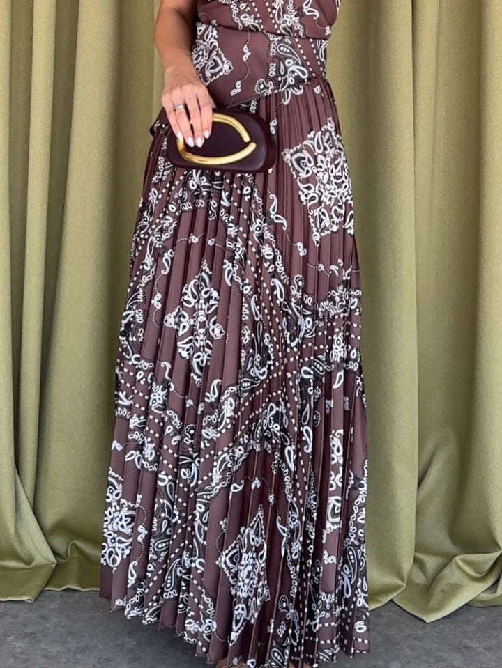 Elegant High-Waisted Pleated Printed Maxi Skirt