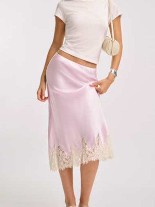 Elegant Satin Lace Hem Midi Skirt