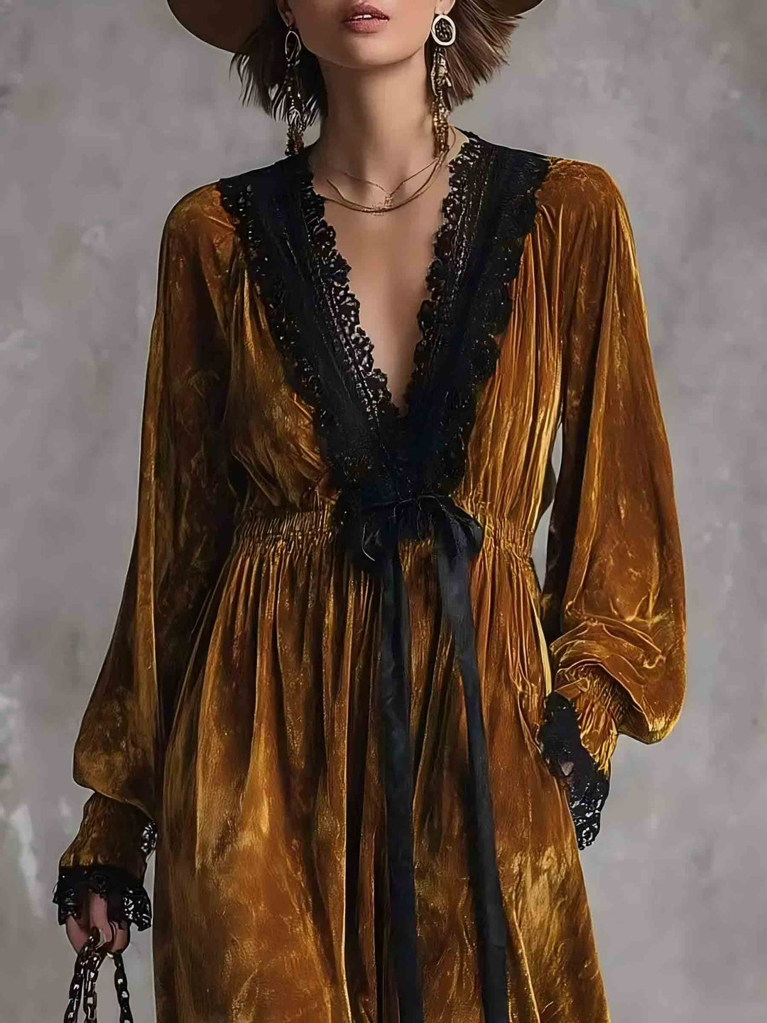 Elegant V-neck Velvet And Lace Patchwork Dress