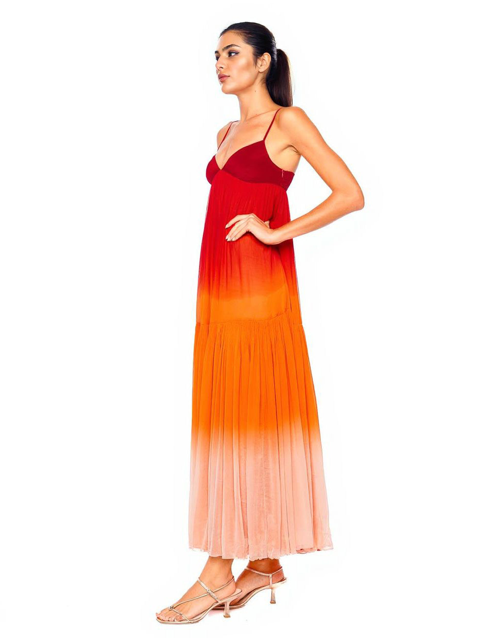 Sunset Gradient Pleated Tiered Maxi Dress