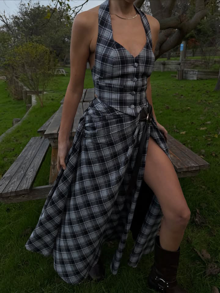 Retro Plaid Slit Skirt Two-piece Set