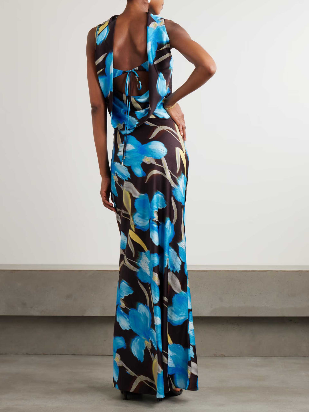 Elegant Draped Flower-de-fox Print Gown Maxi Dress