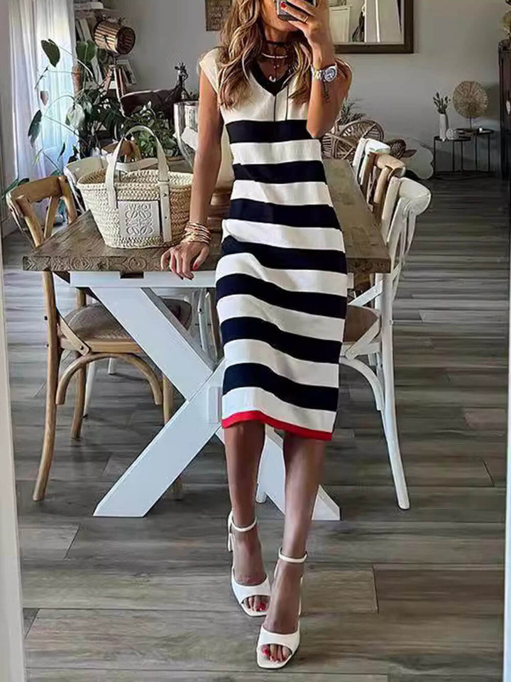 Classic Stripe Print V-Neck Slit Hem Dress