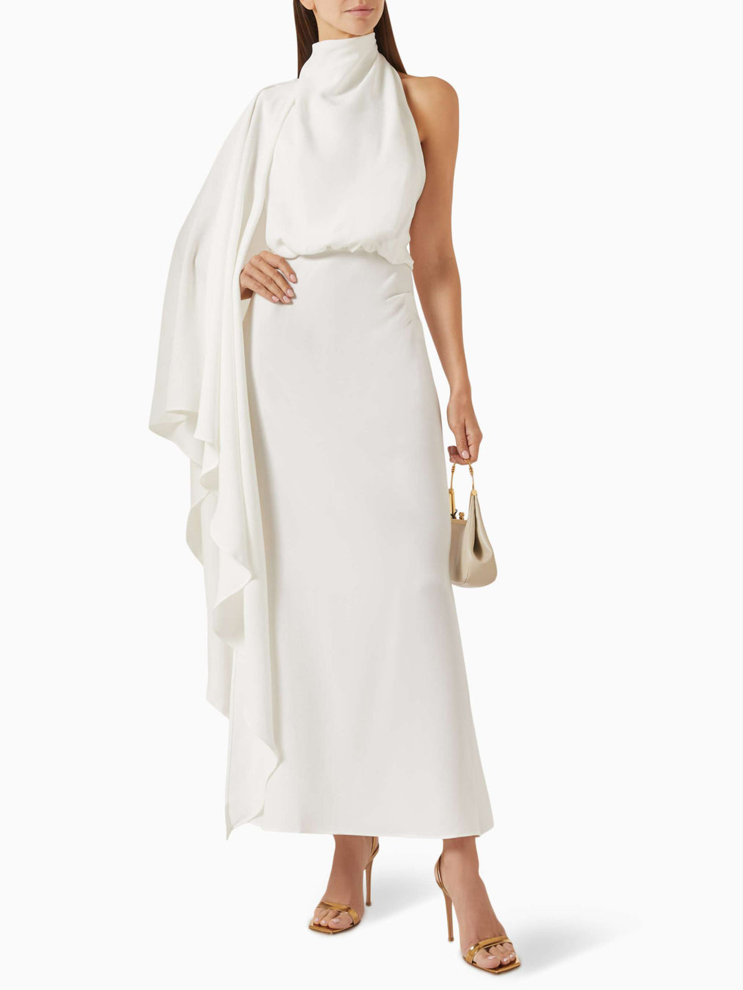 Elegantly Draped Cape-sleeved Satin Maxi Dress
