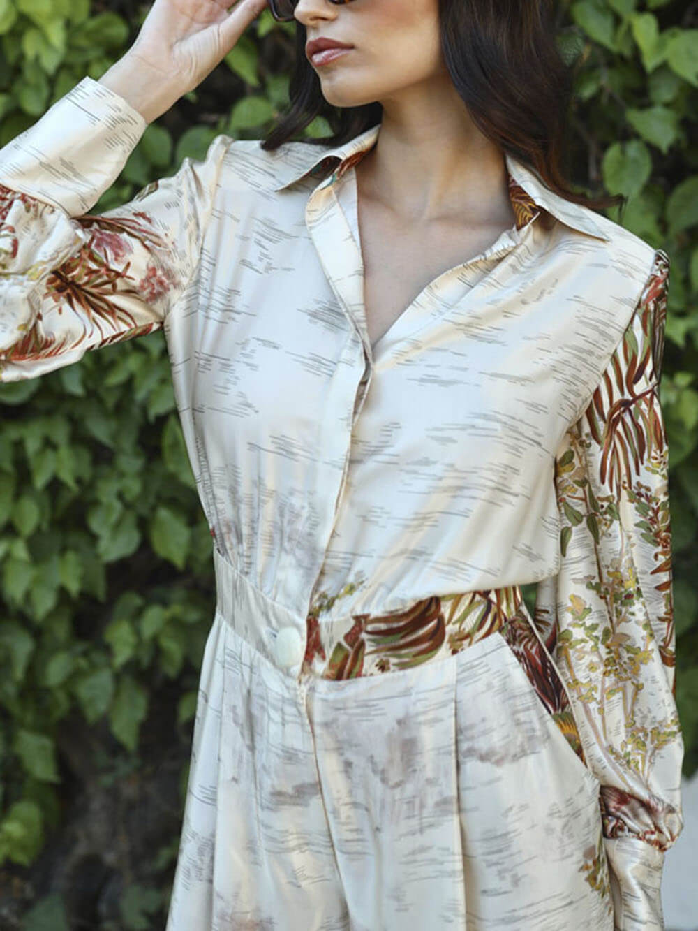 Elegant Palm Print Satin Elastic Waist Pocket Wide-Leg Jumpsuit