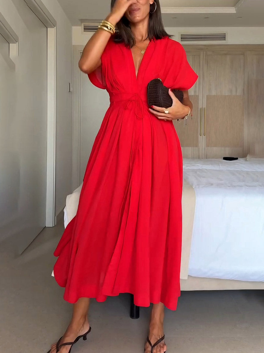Elegant V-neck Drawstring Pleated Midi Dress