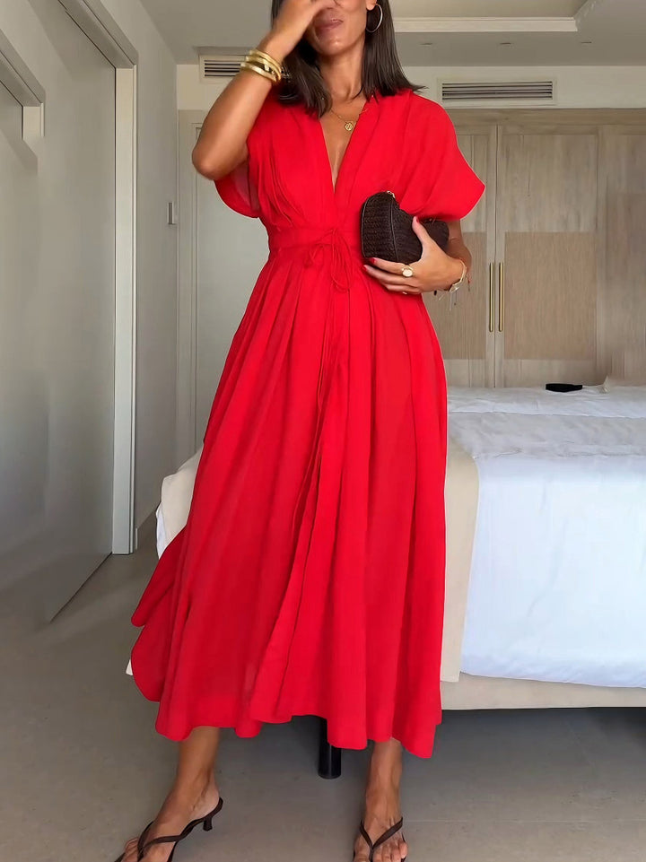 Elegant V-neck Drawstring Pleated Midi Dress