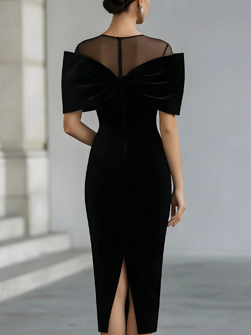 Elegant Bow-Detail Sheer Neckline Midi Dress