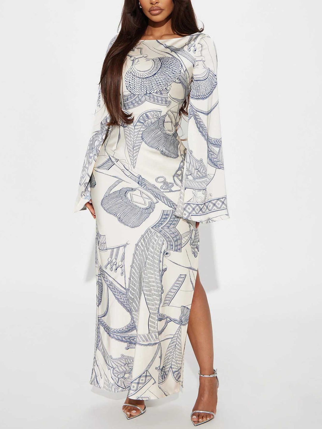 Elegant Abstract Print Flared Sleeve Maxi Dress