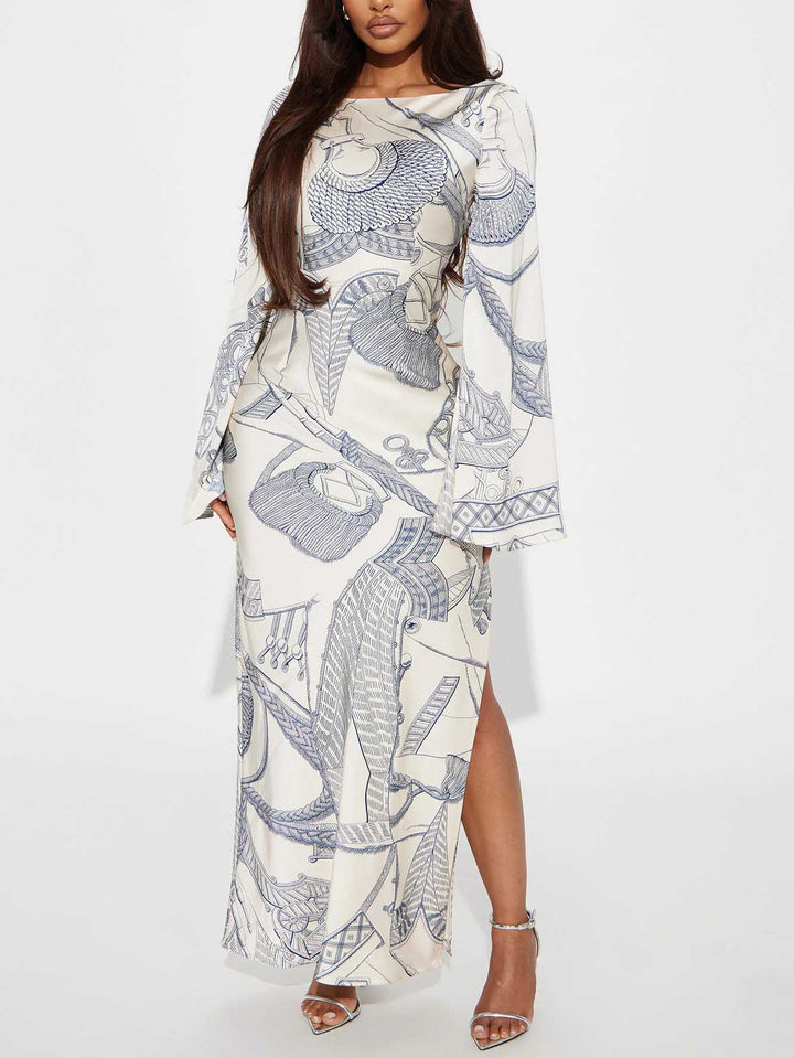 Elegant Abstract Print Flared Sleeve Maxi Dress