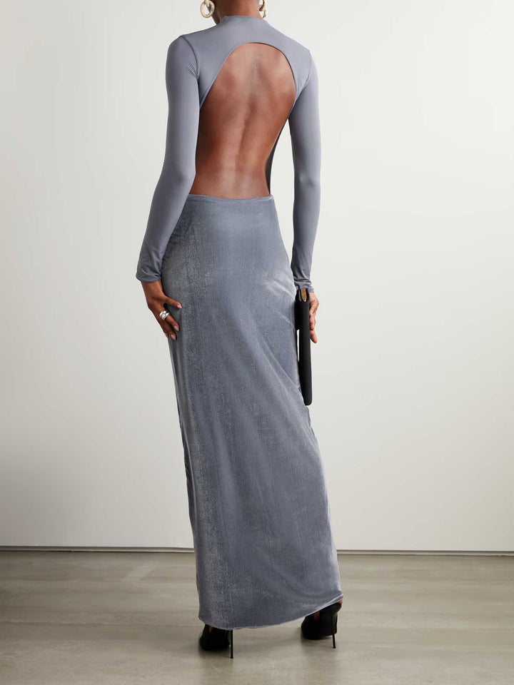 Elegant Open-back Velvet Pleated Maxi Dress
