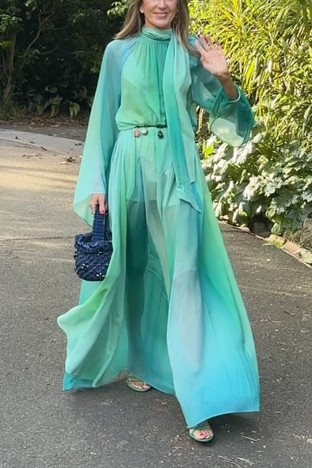 Delicate Gradient Print Draped Raglan Sleeve Maxi Dress