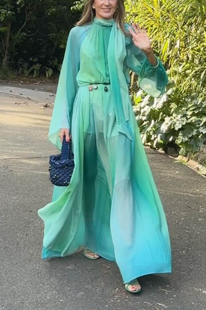 Delicate Gradient Print Draped Raglan Sleeve Maxi Dress