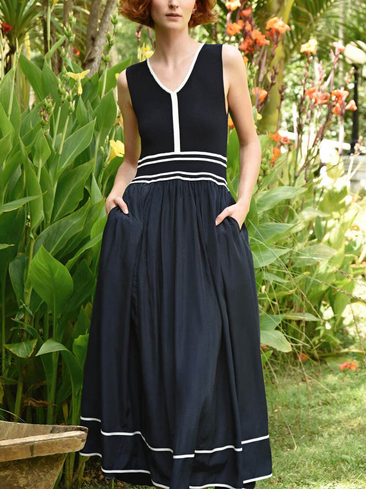 Casual Colorblock Ruched Pocket Maxi Dress