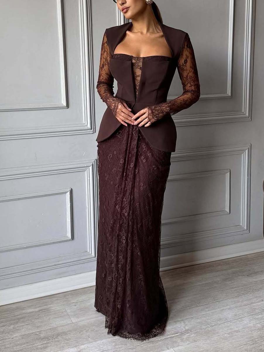 Elegant Lace Pleated Evening Gown Maxi Dress