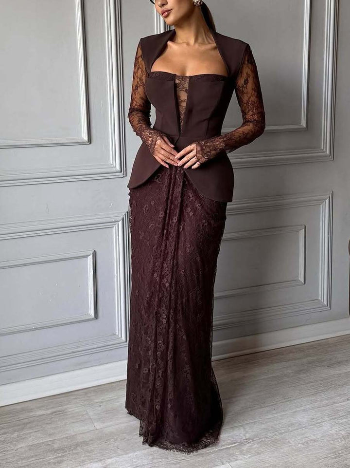 Elegant Lace Pleated Evening Gown Maxi Dress