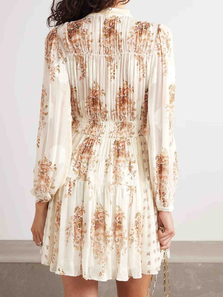 Elegant Tie Neck Bohemian Floral Print Mini Dress