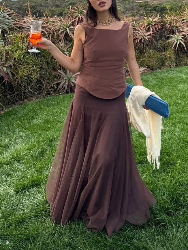 Elegant Square Neck Brown Faux Two-piece Maxi Dress