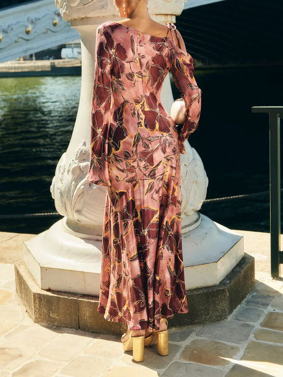 Elegant Satin Printed Bell Sleeve Maxi Dress