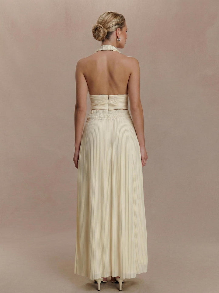 Backless Spaghetti Strap Crop Top &Pleated Maxi Skirt Two-Piece Set
