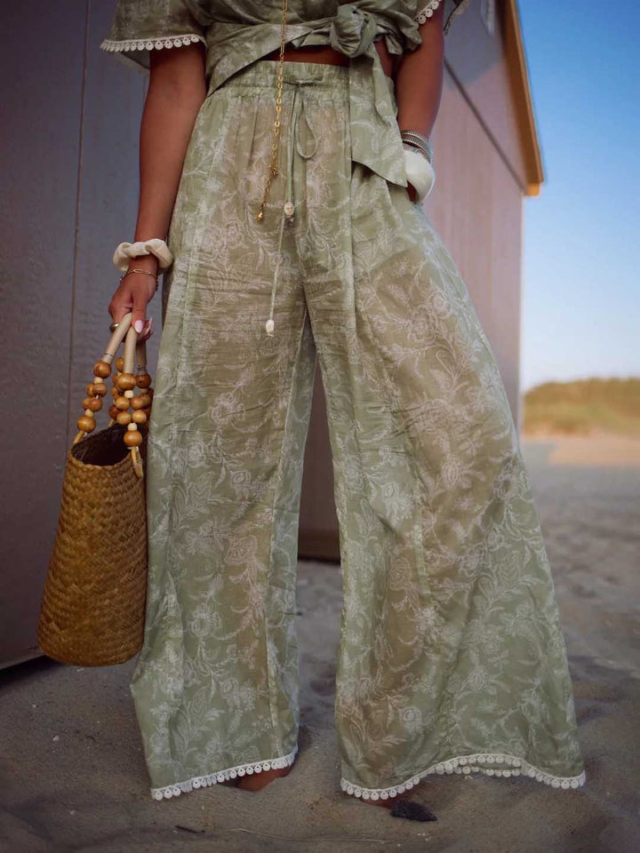 Elegant Wide-Leg Lace-Trimmed Floral Pants
