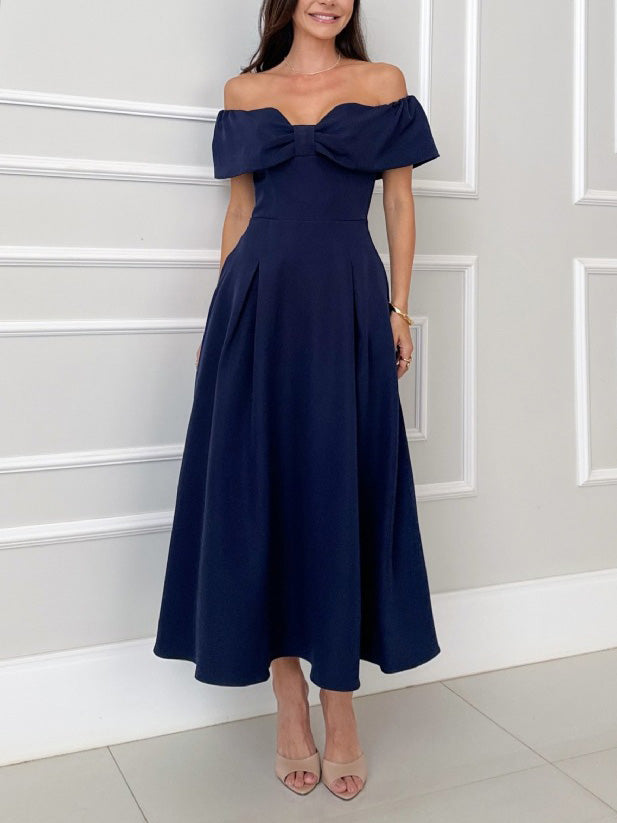 Elegant One-shoulder Bow Tie A-line Midi Dress
