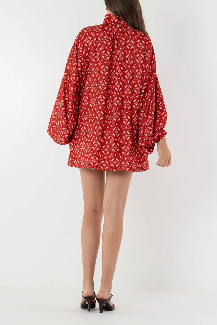 Retro Paisley Print High Neck Lantern Sleeve Draped Mini Dress