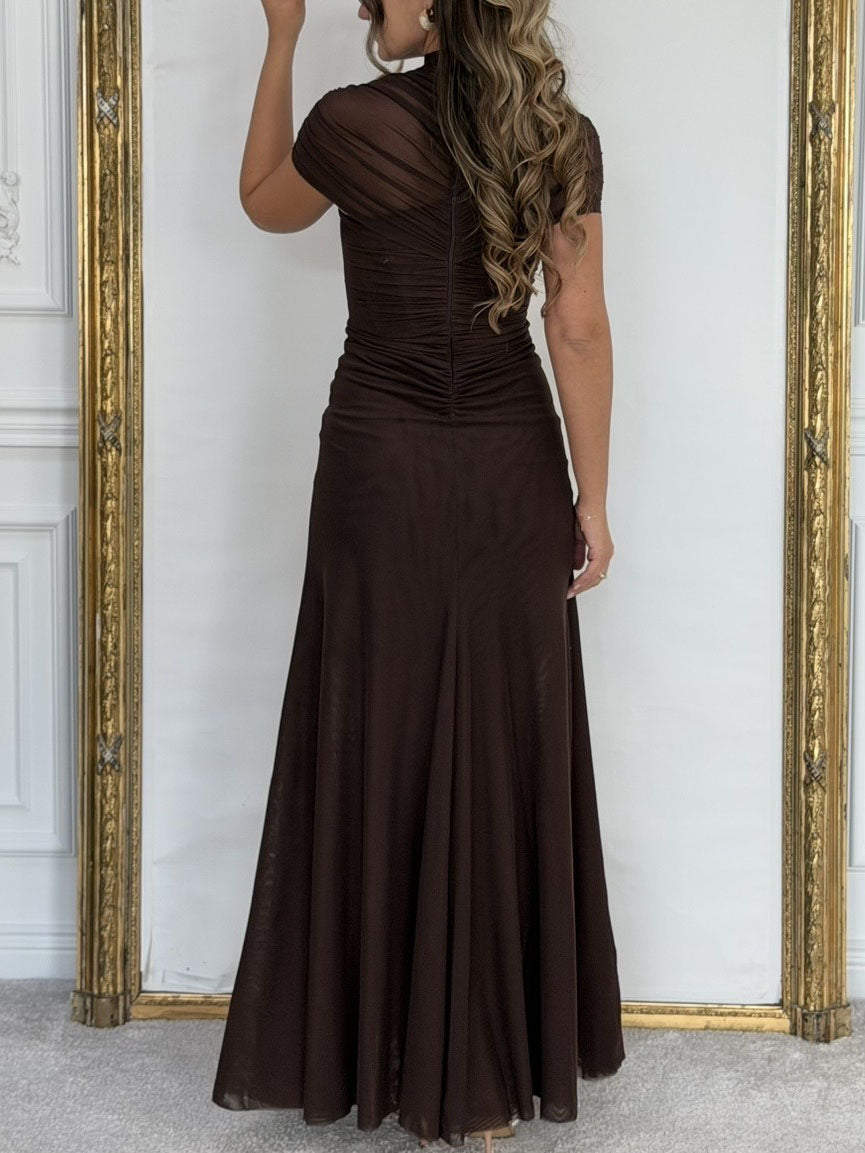 Mesh Pleated Short-sleeved Maxi Dress