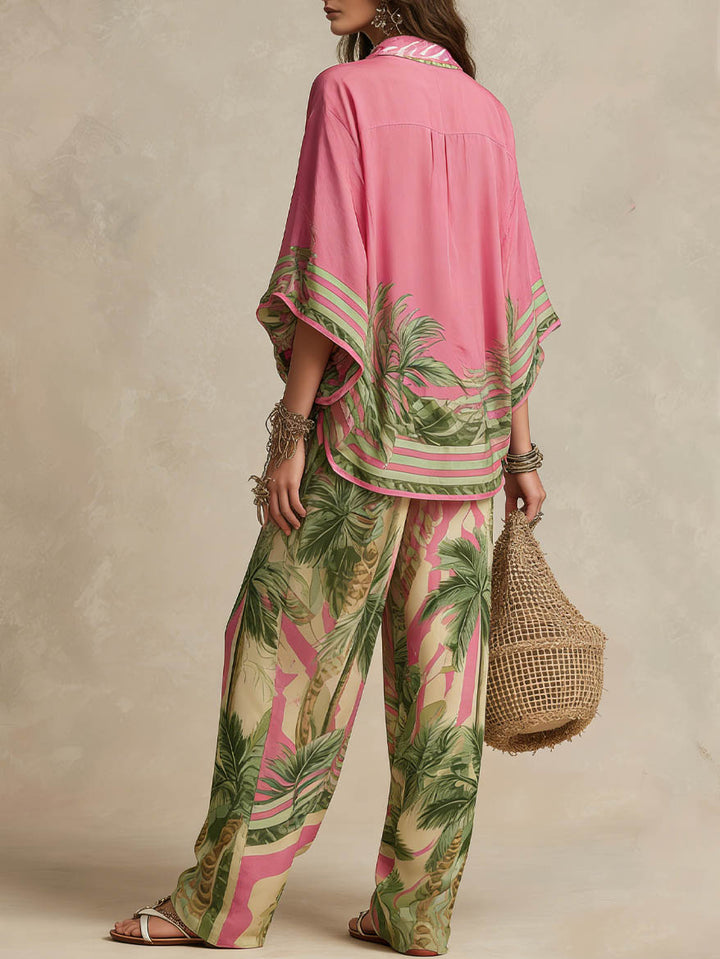Bohemian Tropical Print Flowy Top & Wide-Leg Pants Two-Piece Set