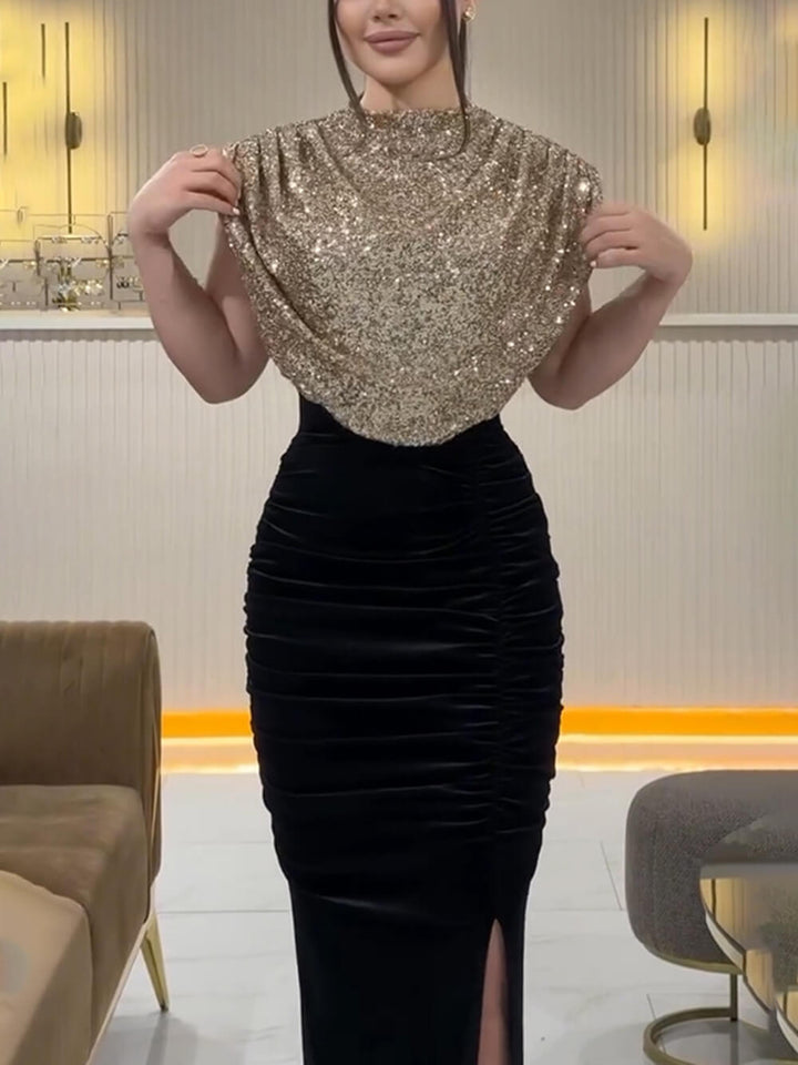 Sequin Panel Sleeveless Party Slit Dress