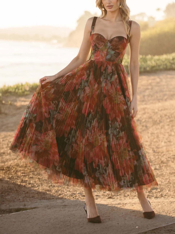 Elegant Floral-print Pleated Midi Dress