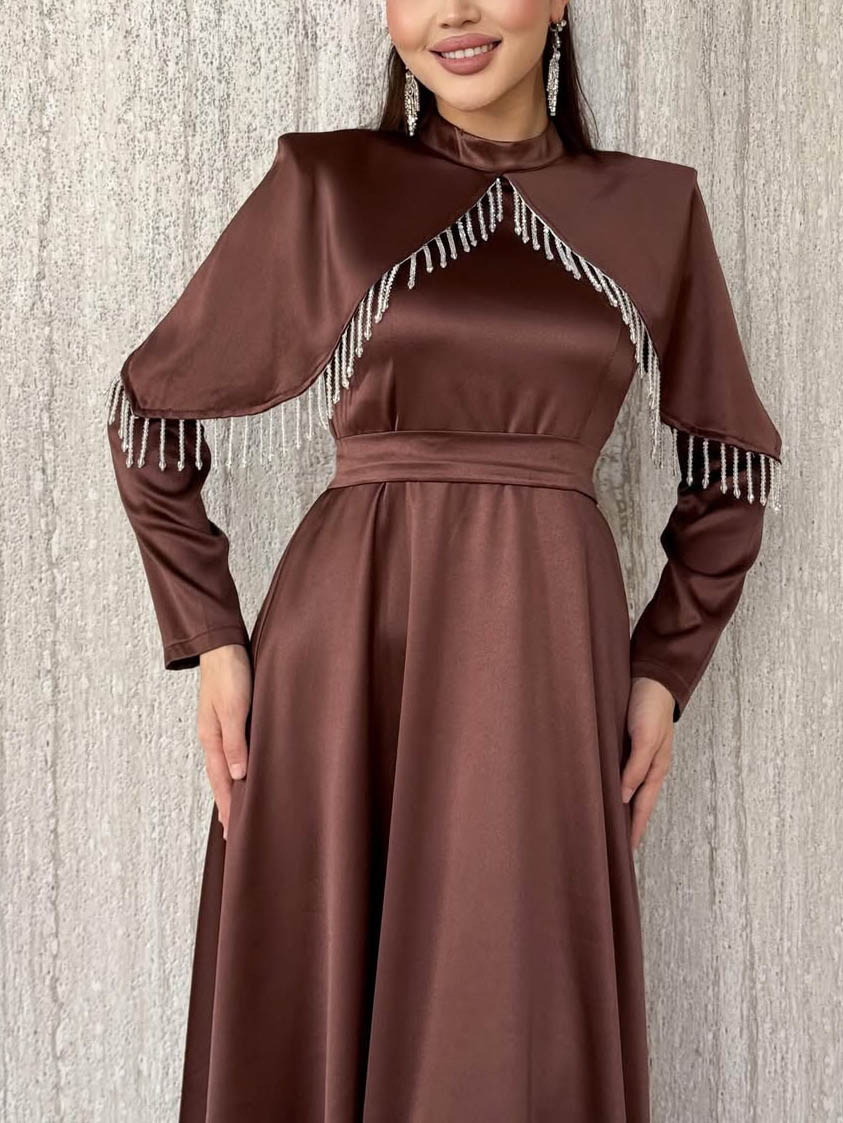 Elegant Satin Cape-Detail Long-Sleeve Maxi Dress