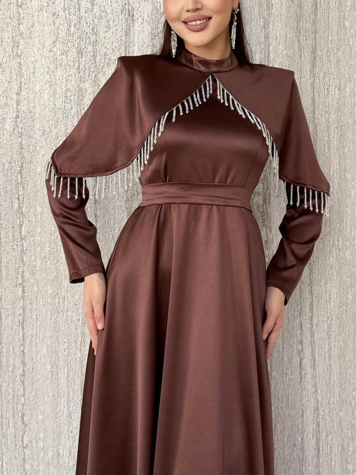 Elegant Satin Cape-Detail Long-Sleeve Maxi Dress