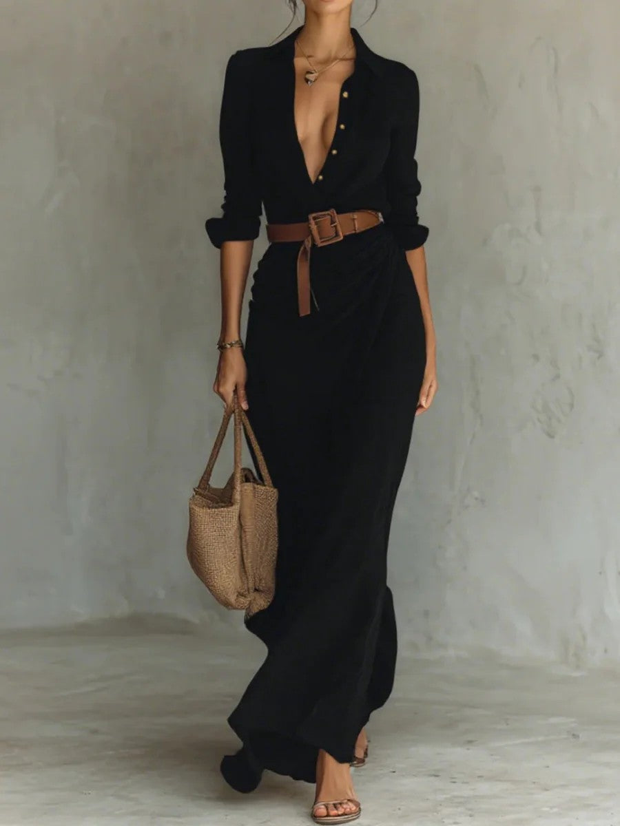 Elegant V-neck Pleated Waist Slit Maxi Dress