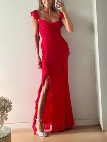 Elegant Ruffle Halter Neck Maxi Dress