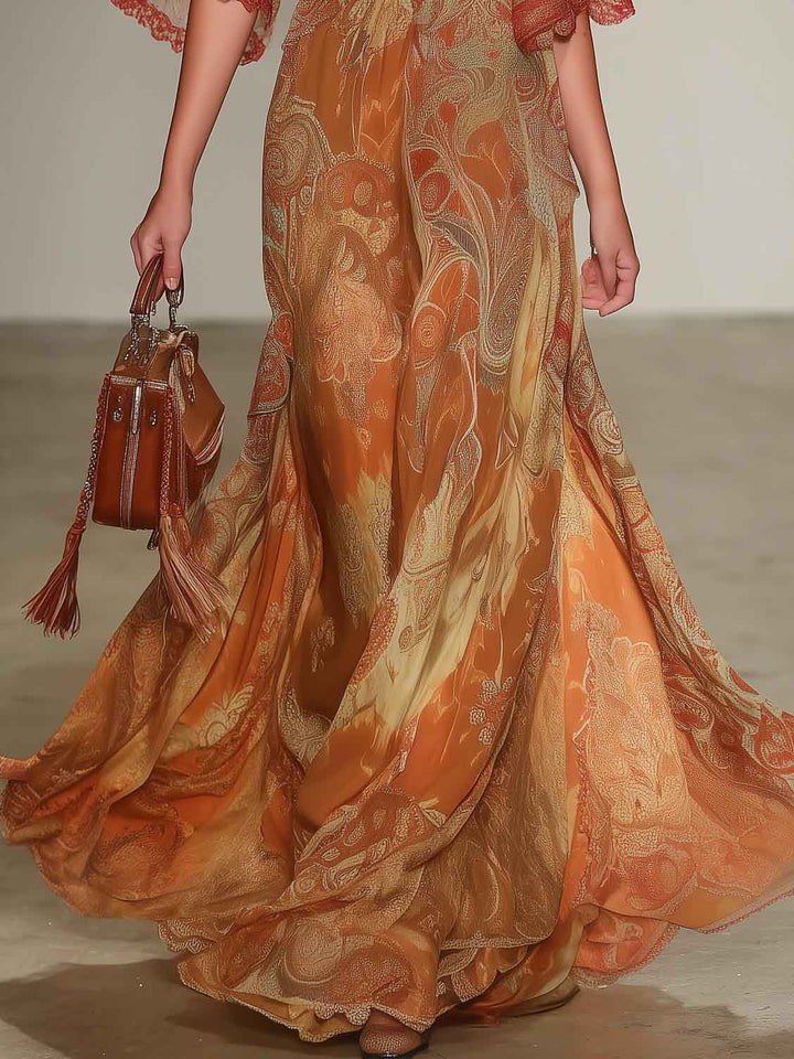 Elegant Retro Paisley Print V-Neck Maxi Dress