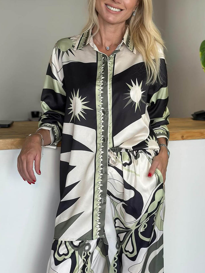 Unique Abstract Sun Print Satin Shirt