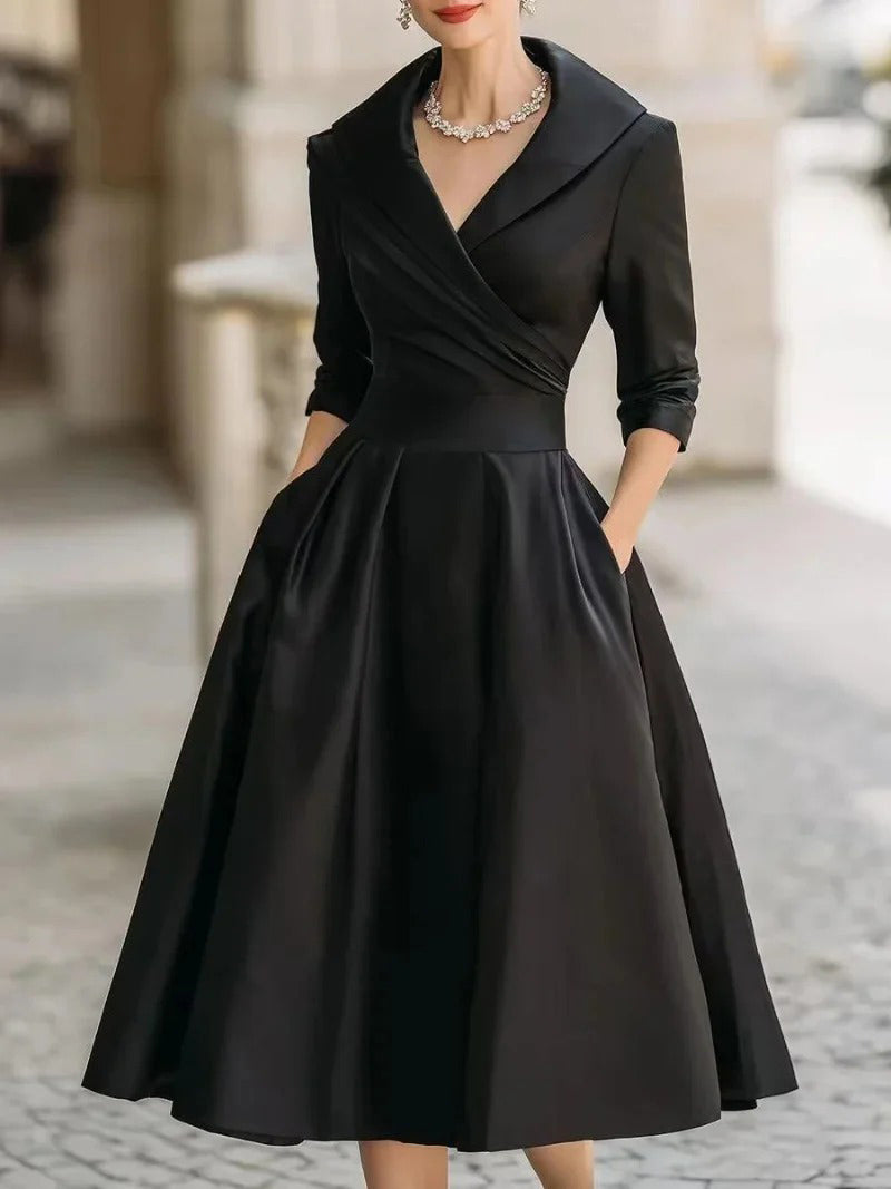 Elegant V-neck Long-sleeved Midi Dress