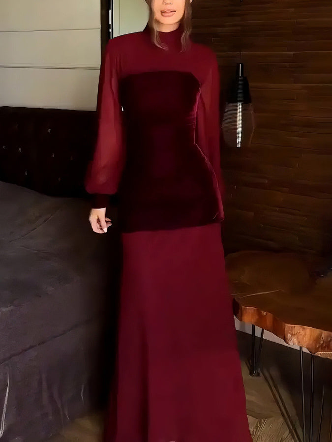 Elegant High Neck Velvet Panel Sheer Sleeve Maxi Dress