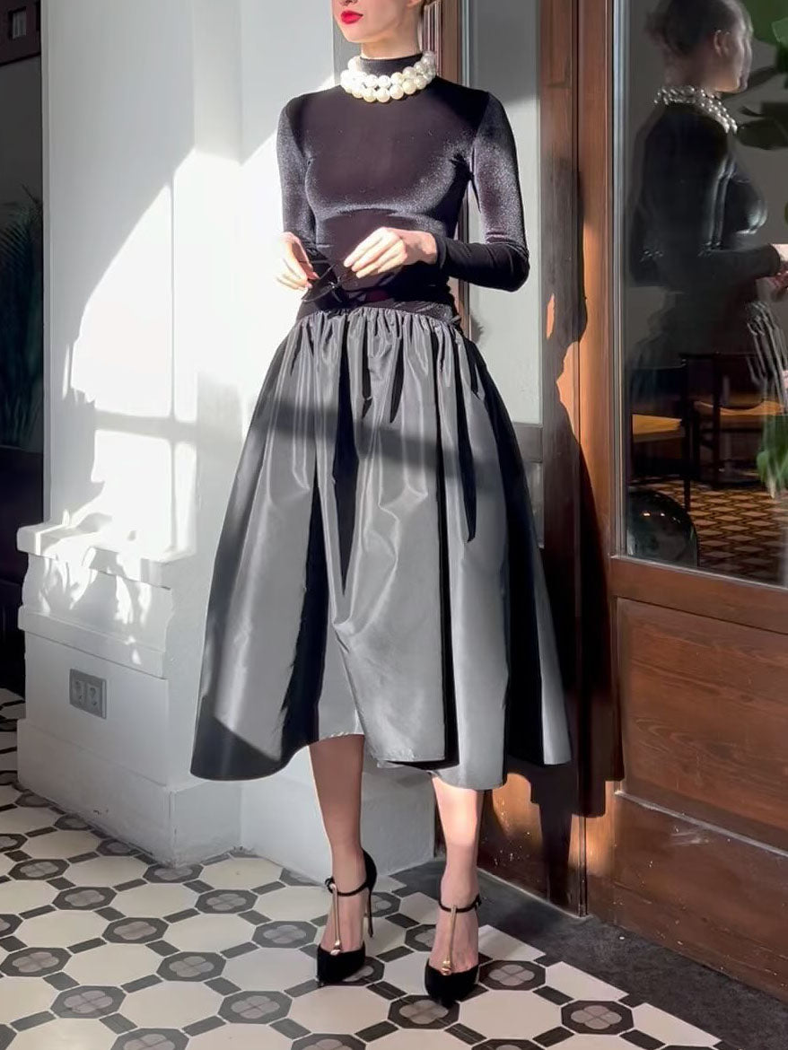 Elegant High-neck Velvet Patchwork Midi Dress