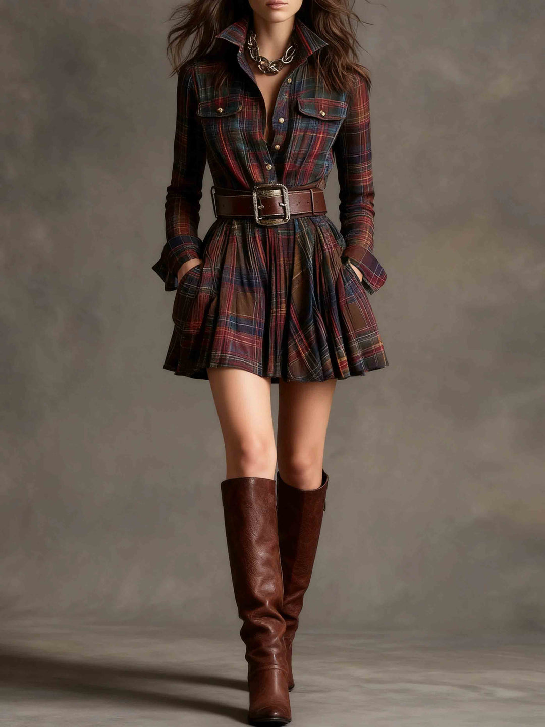 Retro Plaid Single-breasted Mini Dress