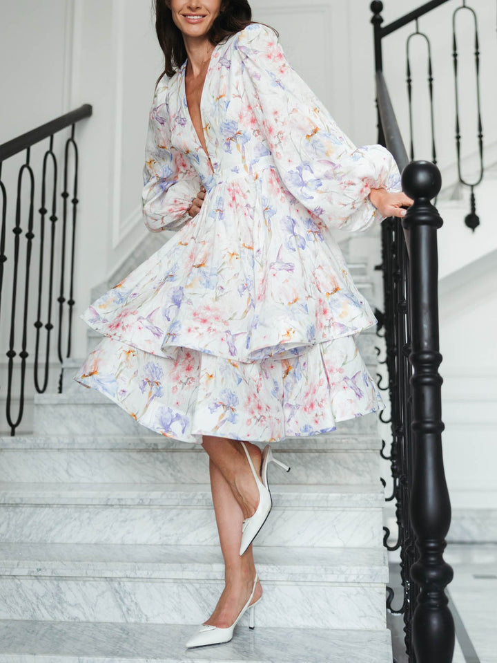 Elegant V-neck Floral Print Layered Mini Dress