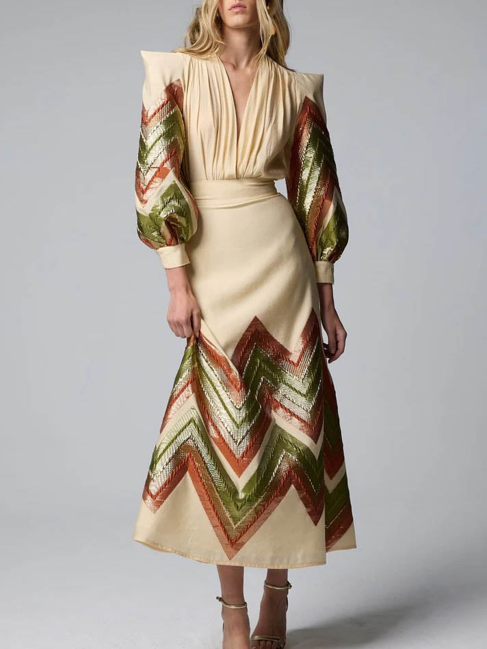 Elegant V-neck Geometric Print Maxi Dress