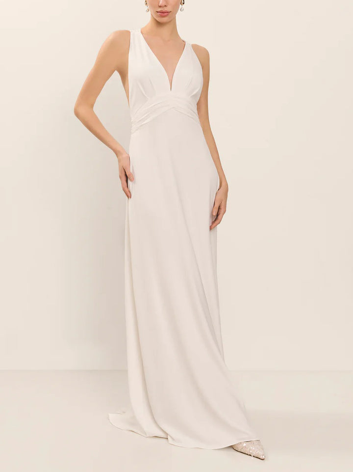 Elegant Open-back Chiffon Ribbon Flowing Maxi Dress