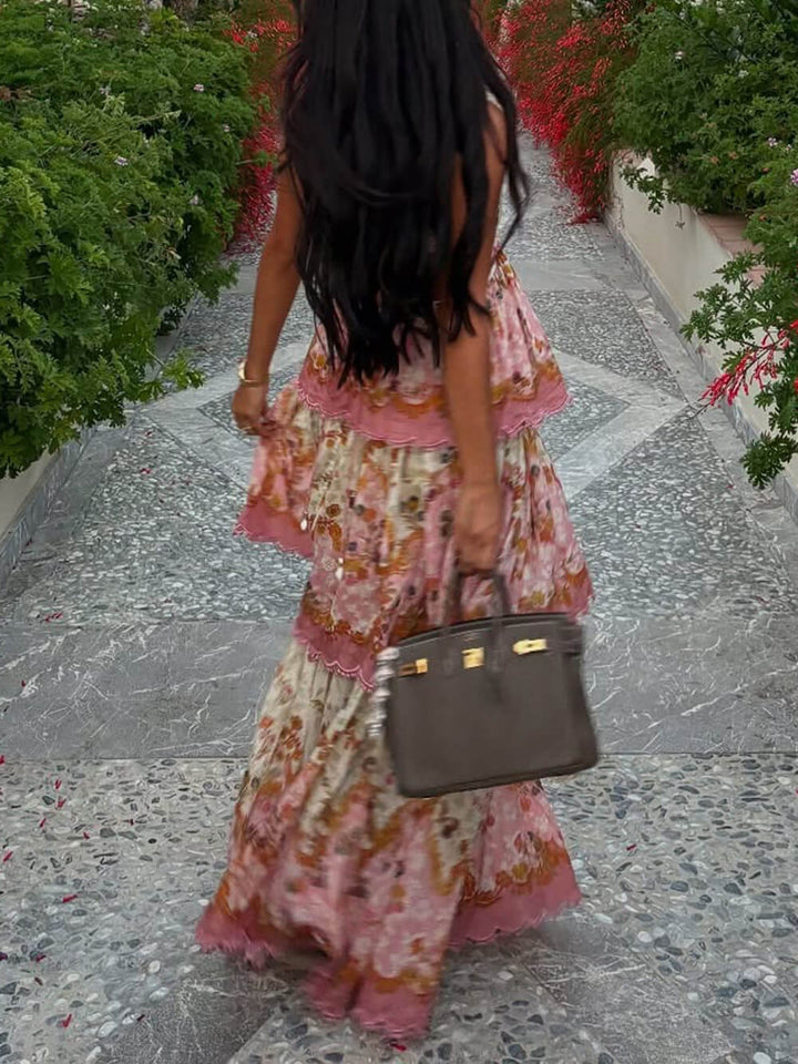 Delicate Floral Print Off-Shoulder Tiered Cami Maxi Dress