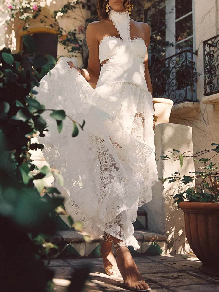 Delicate Lace High-Neck Cut-Out Ruffle Maxi Dress