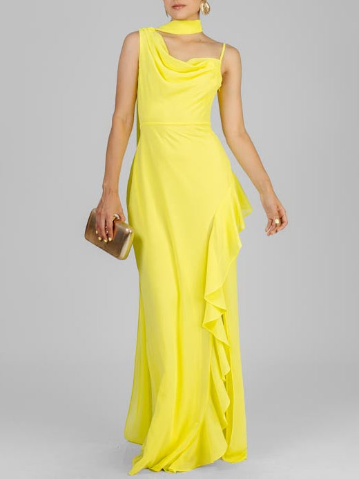 Elegant Asymmetrical Neck Ruffled High-Slit Maxi Dress