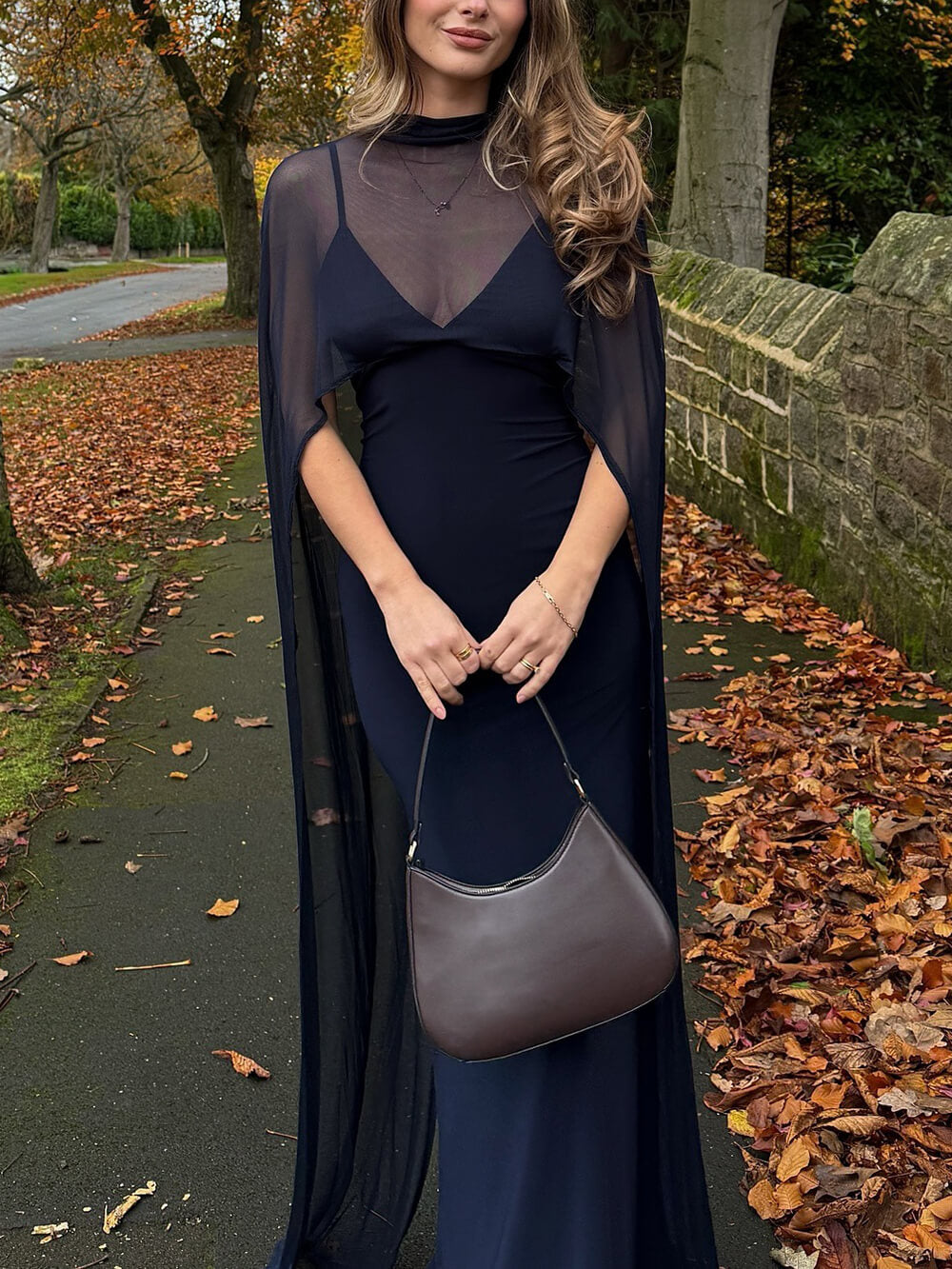 Sexy Navy Blue V-neck Sleeveless Sheer Fit Shawl-Style Spaghetti Strap Maxi Dress