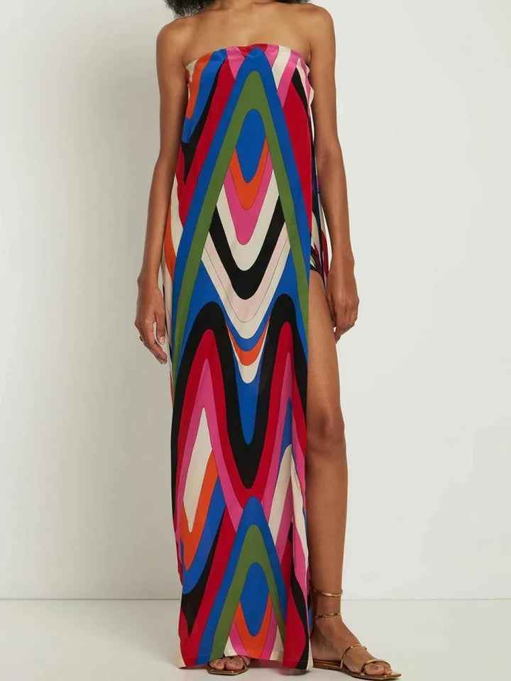 Retro Off-the-shoulder Irregular Printed Side Slit Jumpsuit