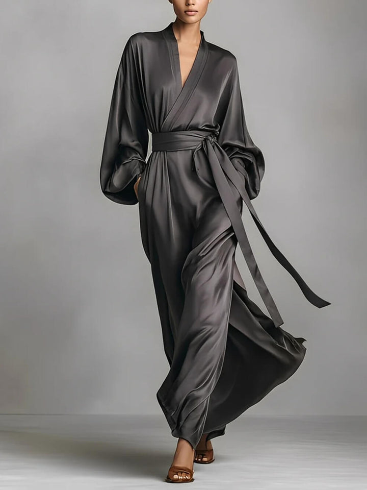 Delicate Satin Wrap V-Neck Maxi Dress